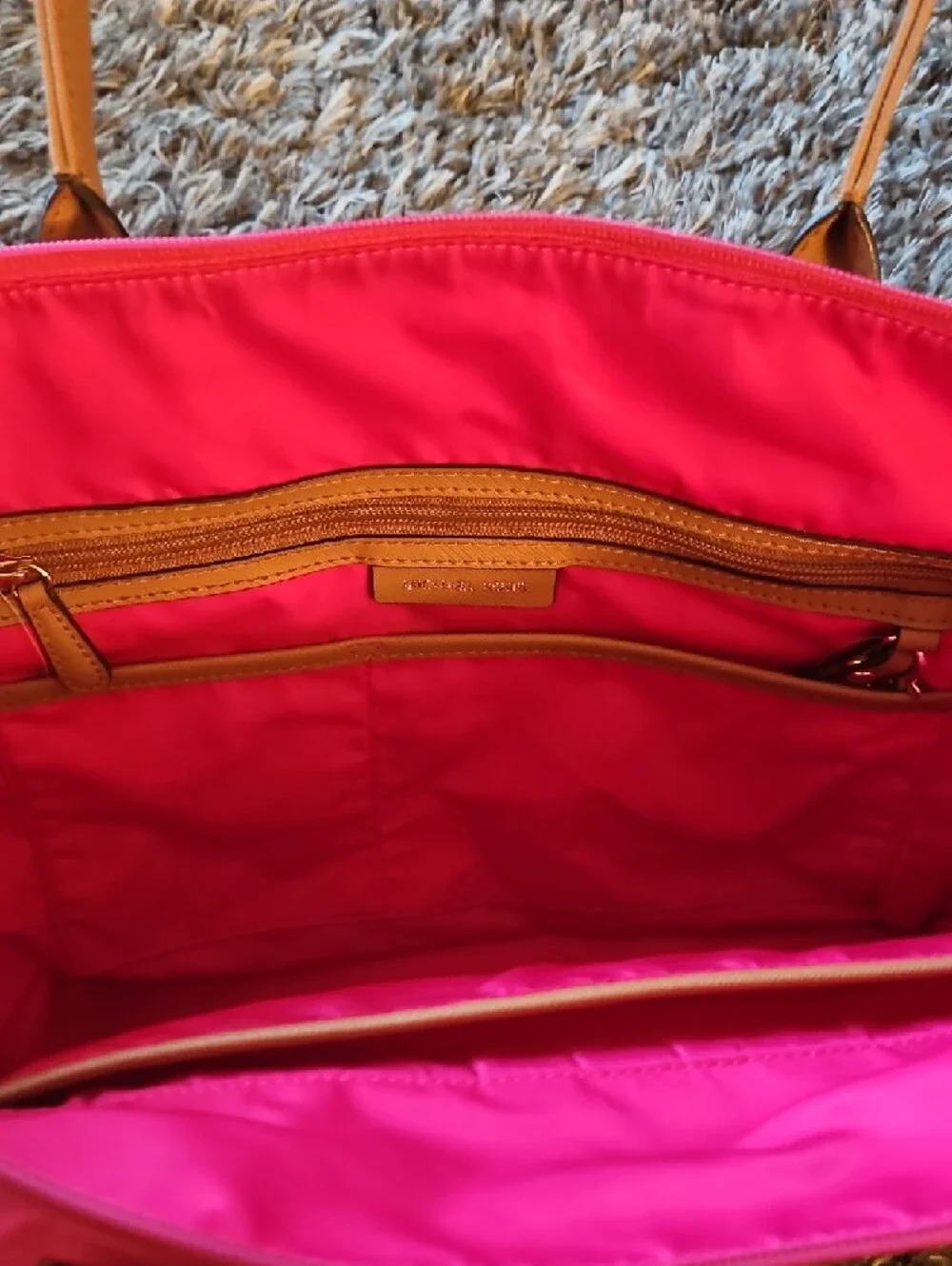 Michael Kors Hot Pink Nylon Tote with Tan Leather Handles